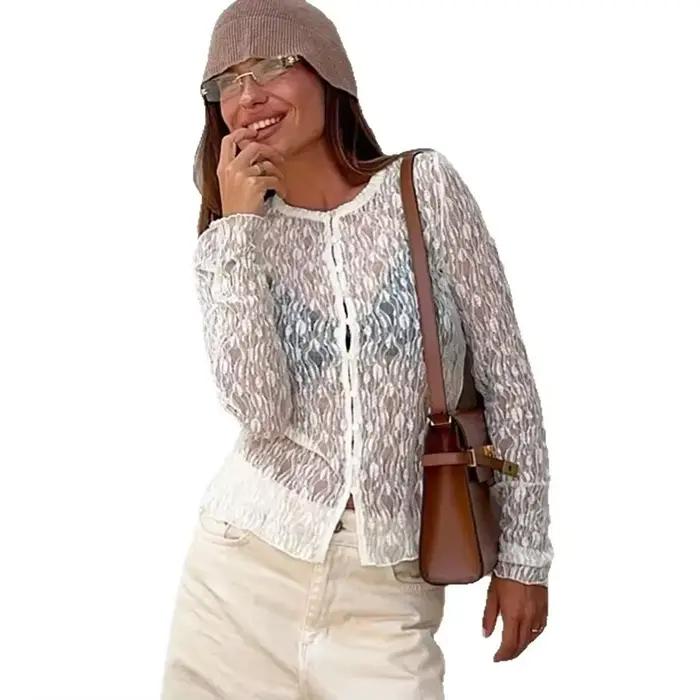 Chemisier en dentelle blanche transparent pour femmes manches longues élégant habillé vintage romantique bureau 2025