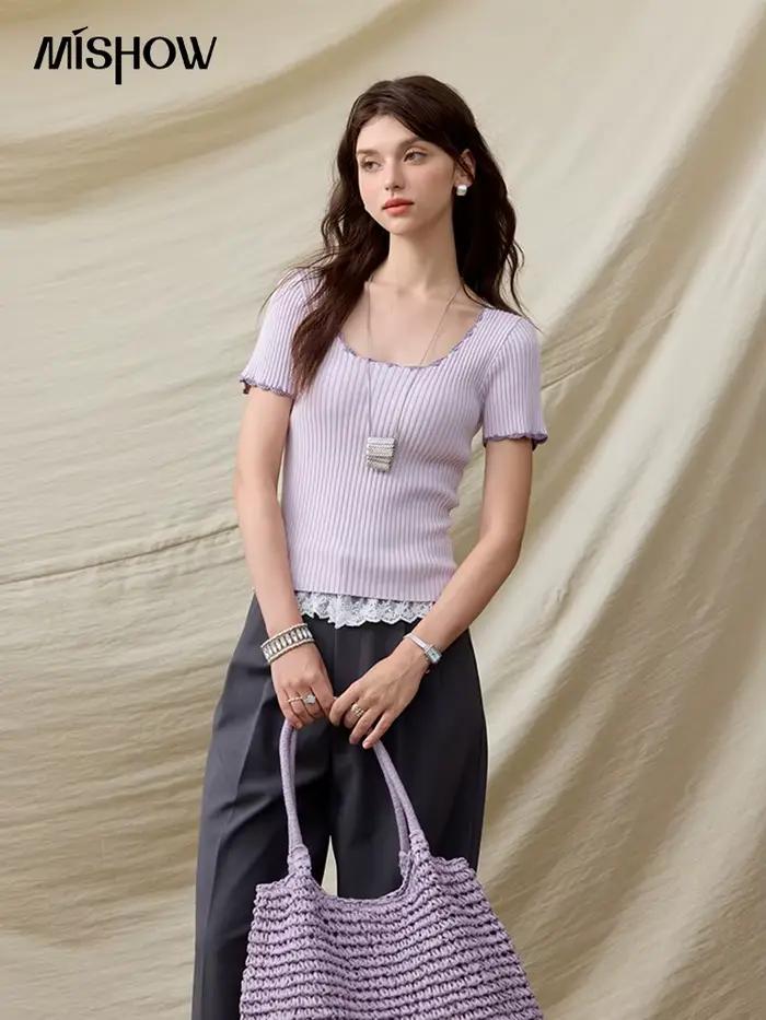 Pull Mishow en polyester et viscose solide, col carré en dentelle pour femmes, élégant et confortable pour le bureau et les occasions spéciales