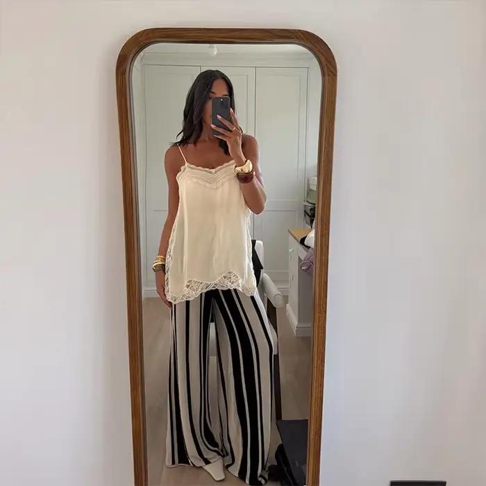 Hirigin femmes dentelle garniture Satin haut bas hauts soie Spaghetti sangle côté fendu asymétrique Cami