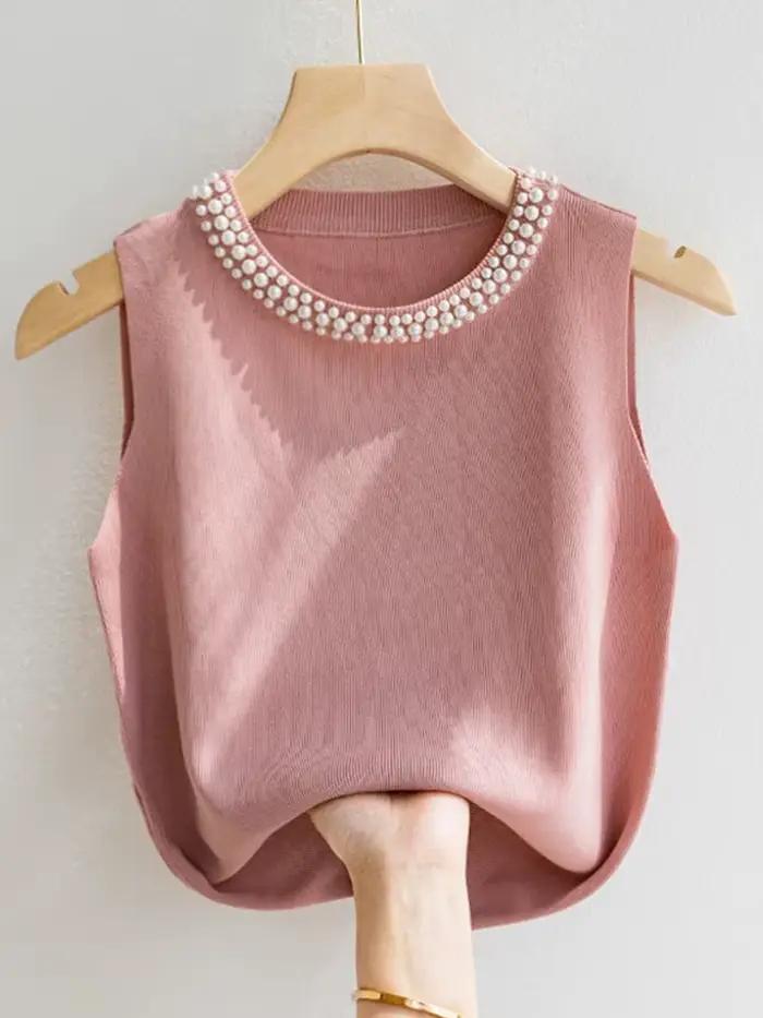 Corée tricoté gilets femmes haut solide réservoir Blusas Mujer De Moda été nouvelle mode femme sans manches perles décontracté mince hauts