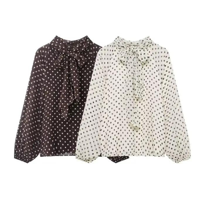 Chemise à manches longues à pois élégante pour femmes, chemise à lacets high street pour printemps automne occassions spéciales