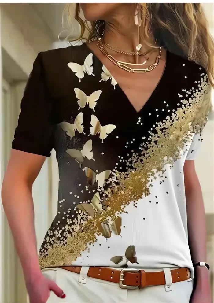 T-shirt d'été à manches courtes et col en V pour femmes, imprimé papillon en 3D, haut à la mode pour filles, vêtements pour femmes, polyester, léger, extensible, vichy, ajustement régulier, tricoté, court, sportifs, occasions spéciales