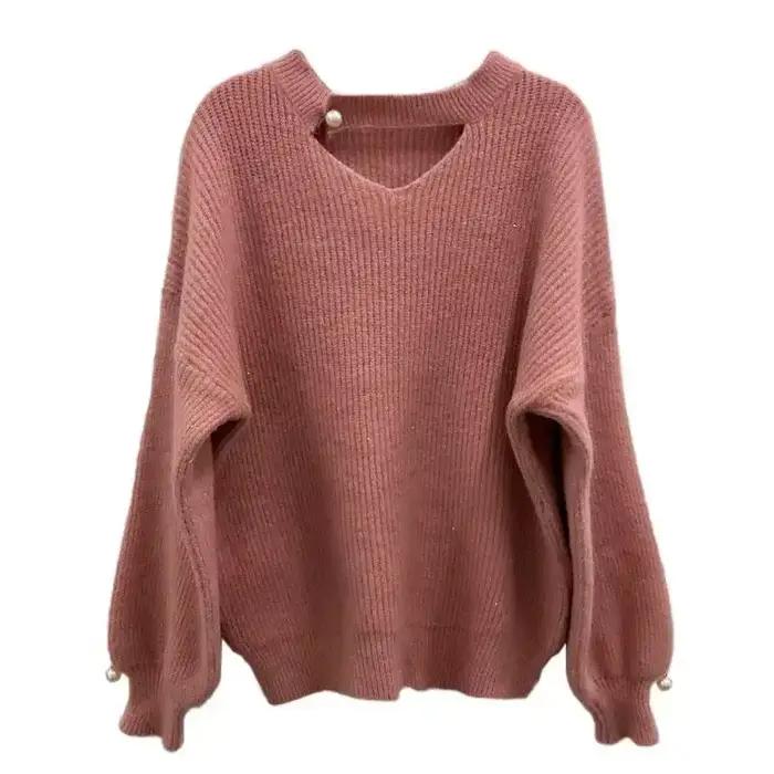 Pull en tricot à col en V rouge pour femme