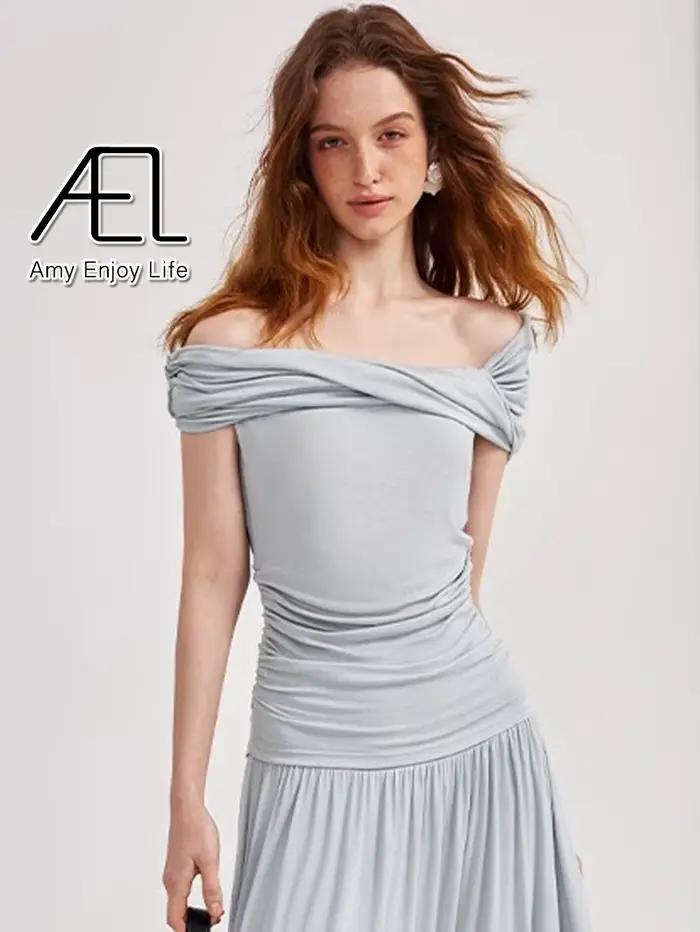 AEL femmes été coupe ajustée haut élastique Sexy asymétrique T-Shirt décontracté extensible Blouse pour dames