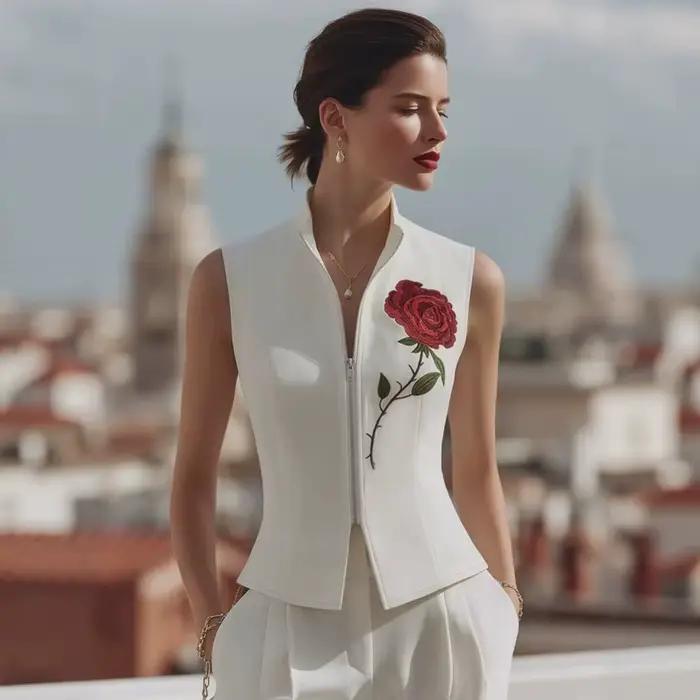Hauts et chemisiers sans manches mandylandy brodés de roses pour femmes printemps automne décontracté tricoté en coton mince