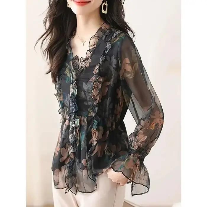 Chemise en mousseline de soie florale pour femmes
