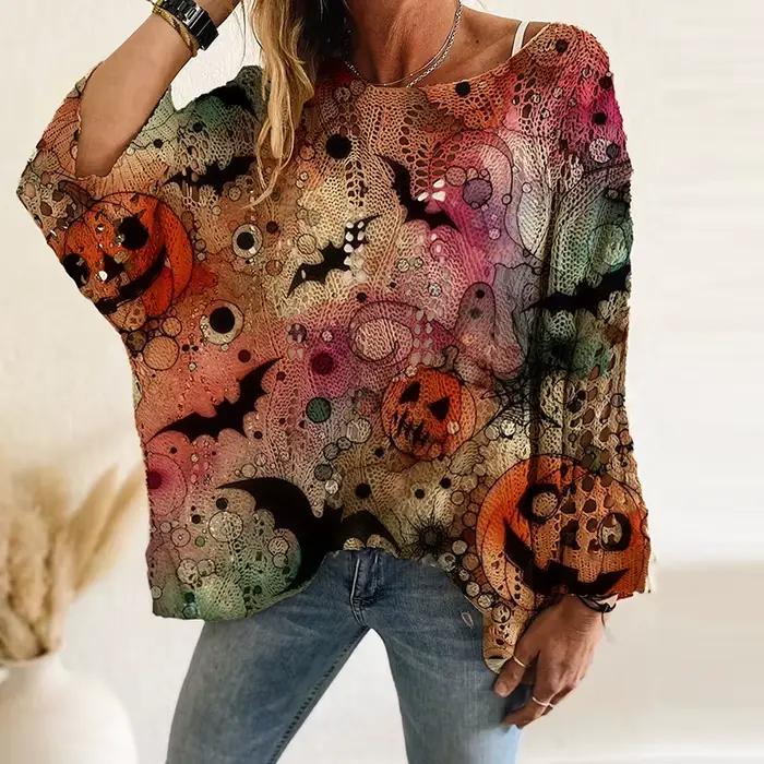 Mode Halloween pull femmes citrouille et chauve-souris imprimé à manches longues lâche tricoté chandails