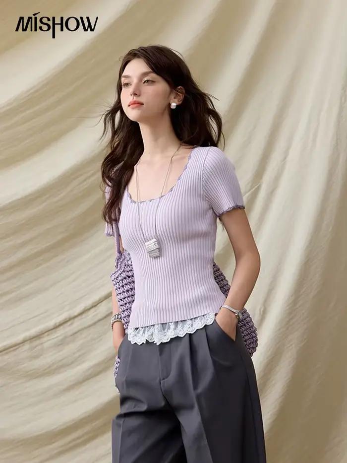 Pull Mishow en polyester et viscose solide, col carré en dentelle pour femmes, élégant et confortable pour le bureau et les occasions spéciales