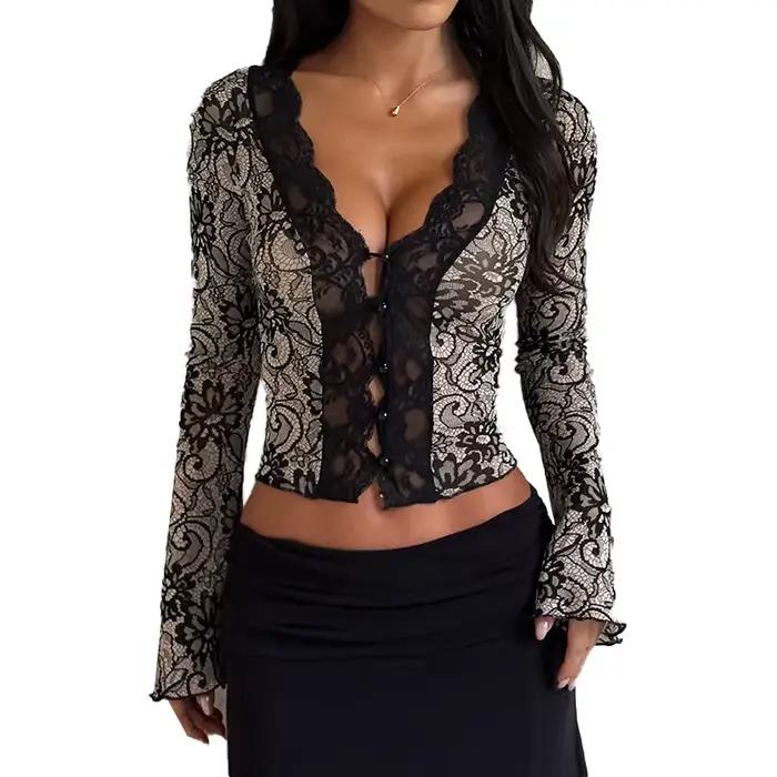 Haut sexy en dentelle polyester à manches longues pour femmes, nouvelle collection automne 2025 style décontracté sophistiqué