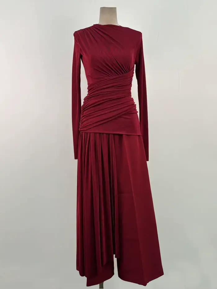 Eshin élégant bordeaux haut drapé pantalon à jambes larges ensemble pour les femmes luxueux tenue 2 pièces confortable tissu de haute qualité SA785