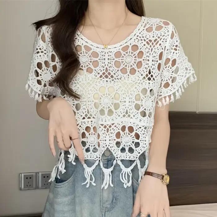 Haut en tricot au crochet Bohème brodé de fleurs pour femme, pull ouvert, polyesters et coton, tenue de vacances d'été et printemps