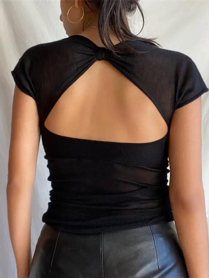 Col carré été Sexy dos nu hauts pour les femmes recadrée à manches courtes haut élégant t-shirts maigre Streetwear vêtements