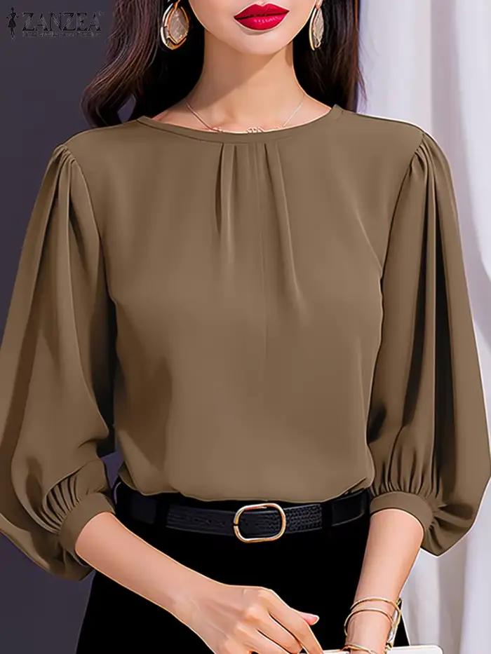 Blouse ZANZEA élégante à manches trois quarts en polyester pour femmes, chemise décontractée et confortable pour le bureau et les soirées festives