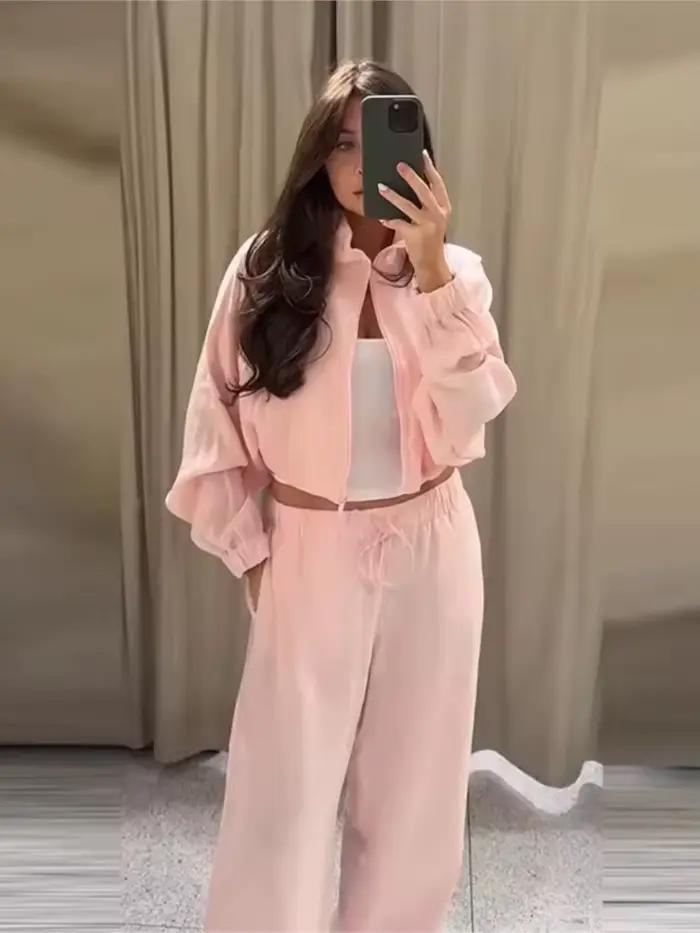 Ensemble deux pièces HipSeam veste courte zippée col montant pantalon taille mi-haute printemps été femme décontracté nouveau modèle 2026