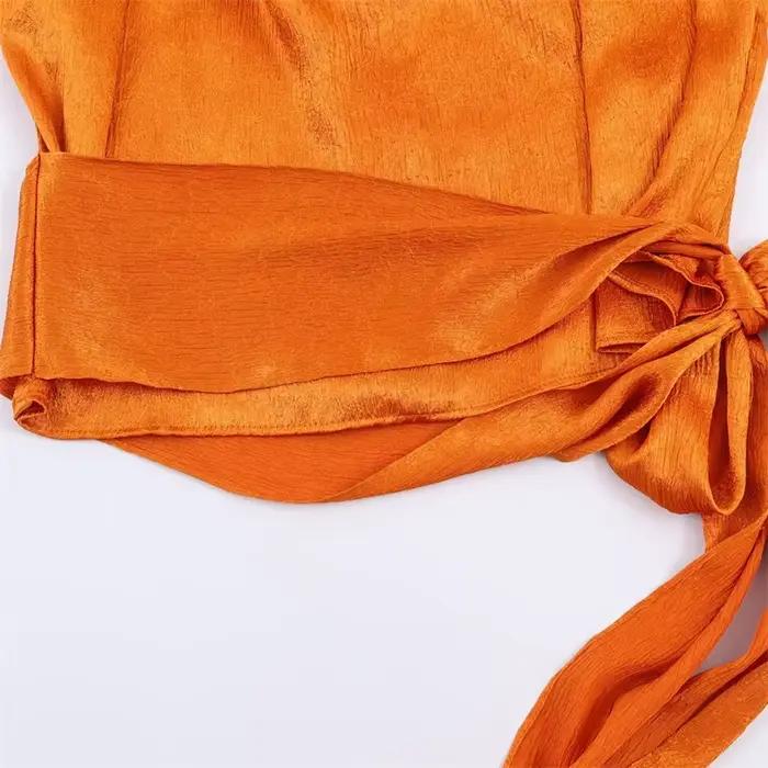 Haut pour femme Nouvelle Collection Printemps 2026 Orange Sans Manches Texture Satinée Longue Tresse Élégant et Stylé Tendance Unique