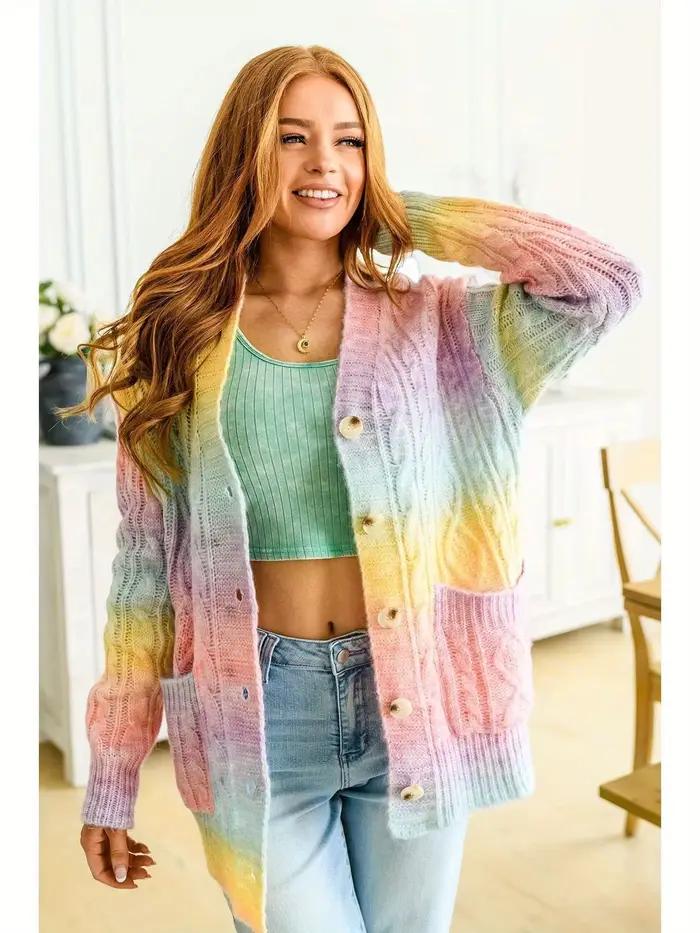 Cardigan en tricot torsadé tie-dye arc-en-ciel pour femme