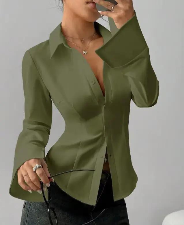 Chemisier Femme Printemps Automne 2026 Nouvelle Collection Couleur Unie Boutonné Col Rabattu Manches Longues Coupe Ajustée Décontracté Taille Cintrée