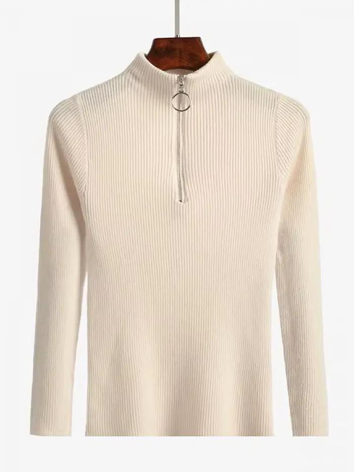Femmes mode solide tricoté chandails Vintage à manches longues fermeture éclair basique demi col roulé pull femme pulls Chic décontracté hauts