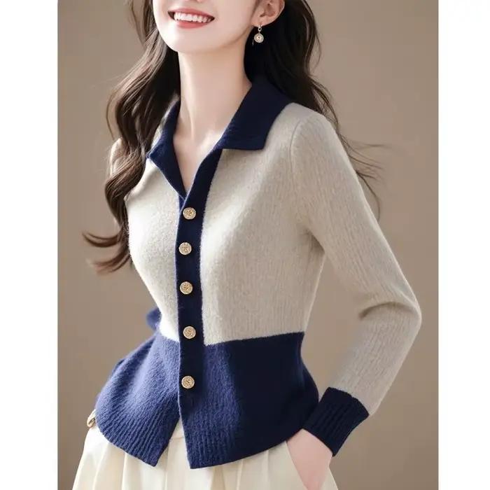 Pull tricoté IOQRCJV femelle pull tricoté streetwear patchwork automne hiver col polo polyvalent à offrir pour femme occassions spéciales