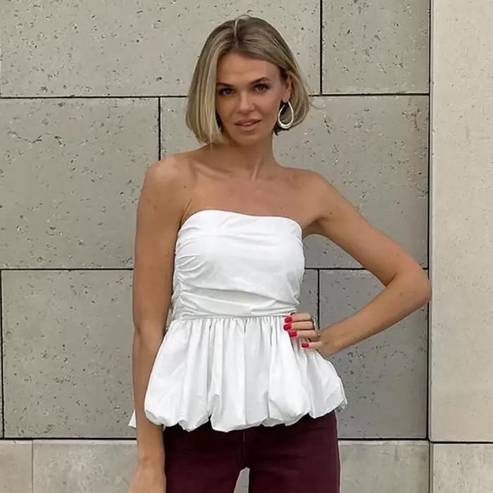 Haut court blanc sexy sans bretelles à motif floral