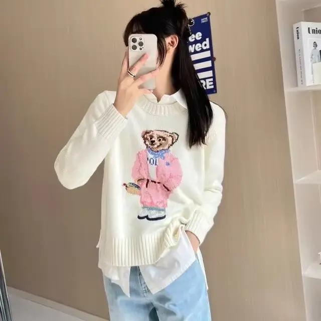Classique brodé dessin animé ours tricots rose coupe ample polyvalent femmes automne hiver mode col rond pull