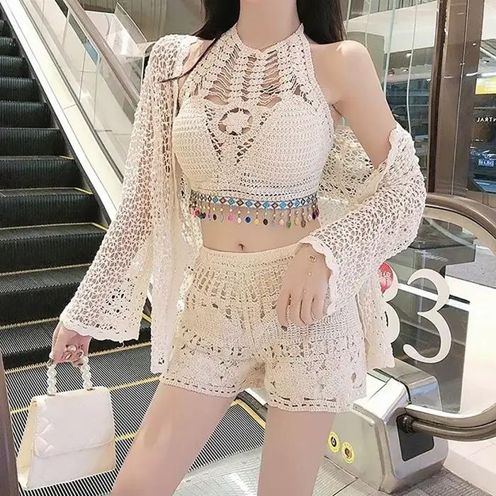 Haut court en tricot dos nu pour femme, style ethnique bohème, sexy, léger, amissié, crochet, glands, ourlet, licou, soutiens-gorge, bustier pour printemps été ```