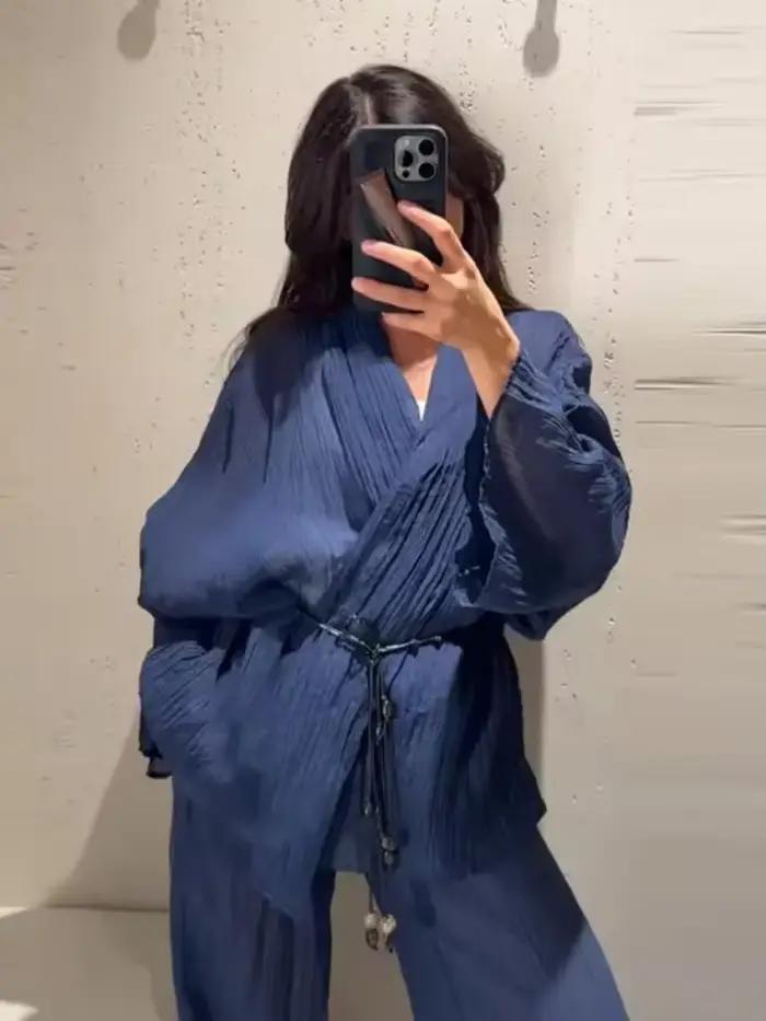 Ensemble 2 pièces décontracté été 2026 pour femme : Blouse à lacets col en V manches longues évasées et pantalon large