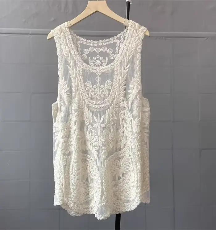 Boho plage cache-up Sexy sans manches Blouse chemise femmes haut en dentelle été Mini robes broderie florale T-Shirts