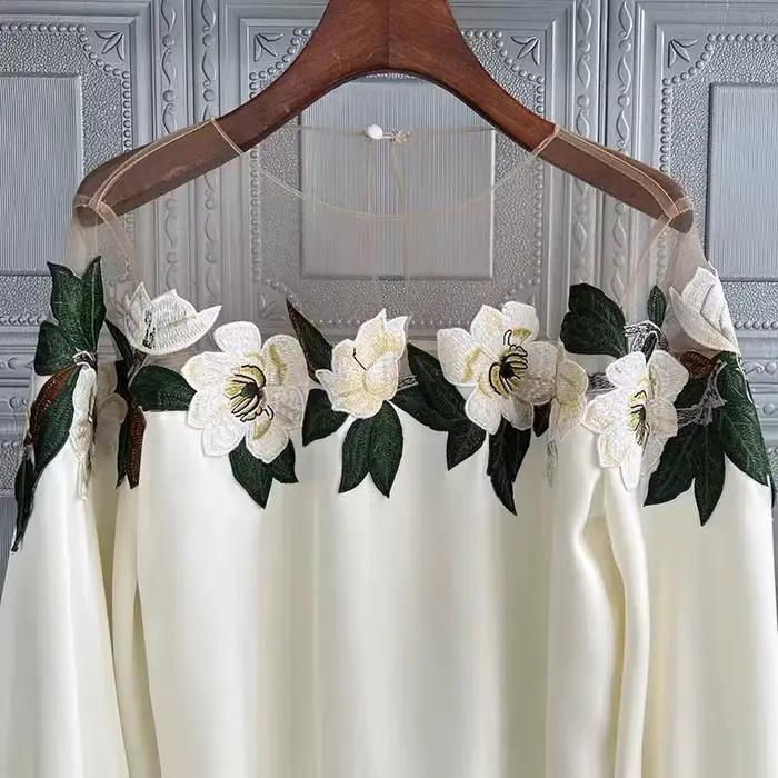 Chemisier brodé à fleurs en mousseline polyester pour femmes élégantes, chemisiers à manches lanternes pour automne-hiver, mode et confort