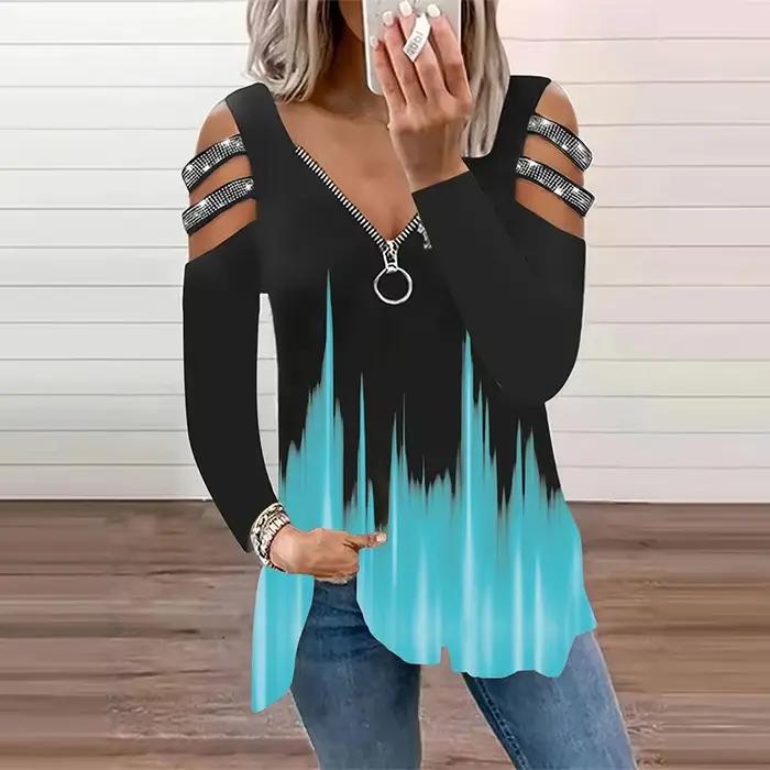 T-shirt décontracté à manches longues et col en V pour femmes