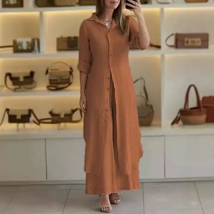 Femmes coton lin Blouse robe costumes décontracté col rabattu bouton longue