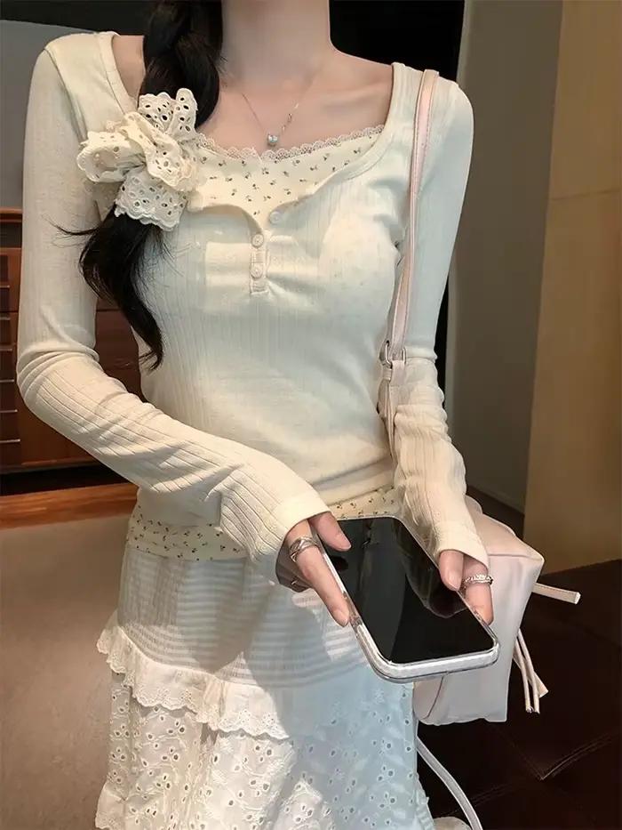 T-shirt Patchwork en Dentelle Femme Style Coréen Printemps Été Occasions Spéciales Élégance Mode Bureau
