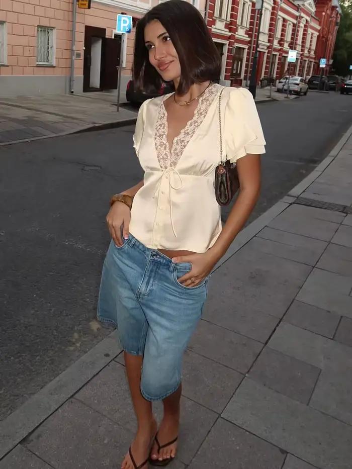 Tossy dentelle été col en v T-shirt haut pour les femmes à lacets évider à manches courtes imprimé
