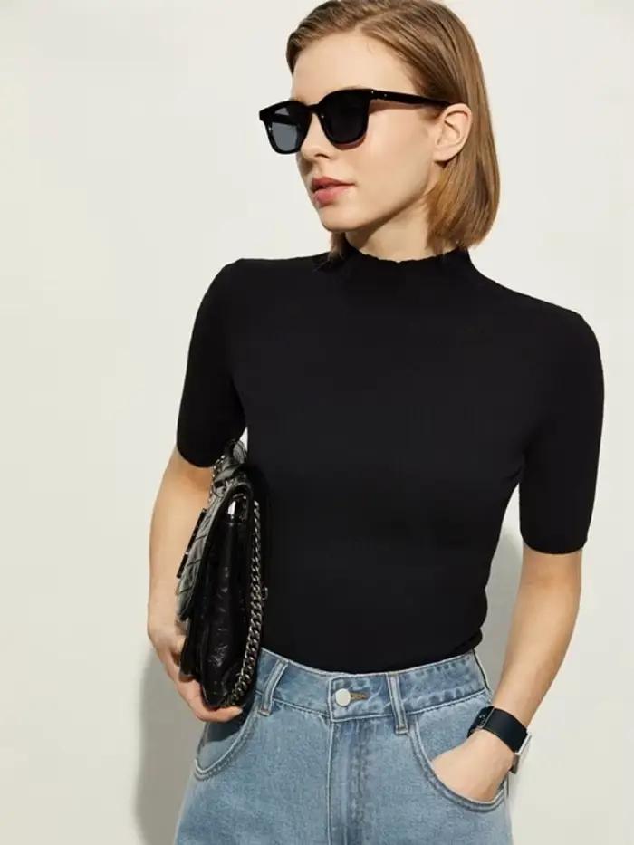 Pull AMII Femmes Automne Hiver Minimaliste Col Mi-Haut Polyvalent Pour Occasions Spéciales