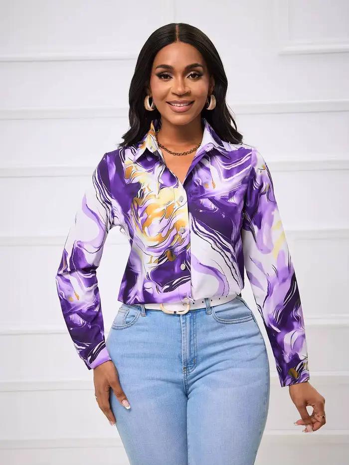 Chemisier Femme Printemps-Été Imprimé Marbre Violet Doré Col Boutonné Manches Longues Satin Luxe Élégant Quotidien Bureau