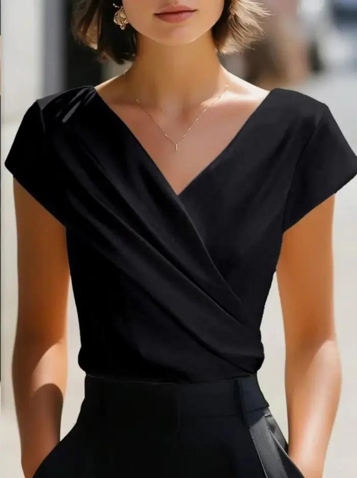 Chemisier élégant pour femme à col en V croisé, manches courtes, pour le bureau, décontracté ou form