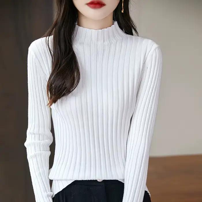 YTFidio 100% coton femmes cordon élastique demi-col haut rayé solide pull décontracté basique femme