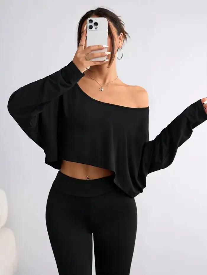 Chemisier noir à manches longues pour femmes, T-shirt décontracté, col asymétrique, haut sans bretel