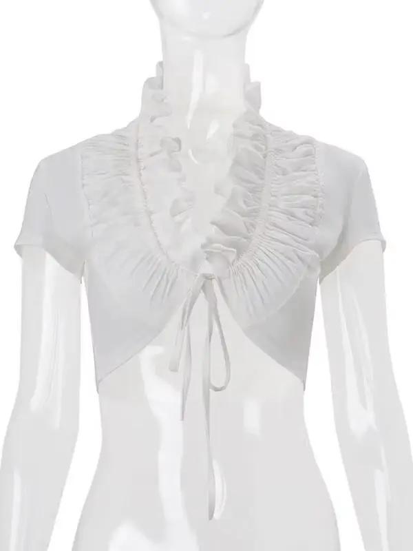 JULISSA MO – Haut court sexy à col en V profond et volants pour femme, blanc, à manches courtes, ave