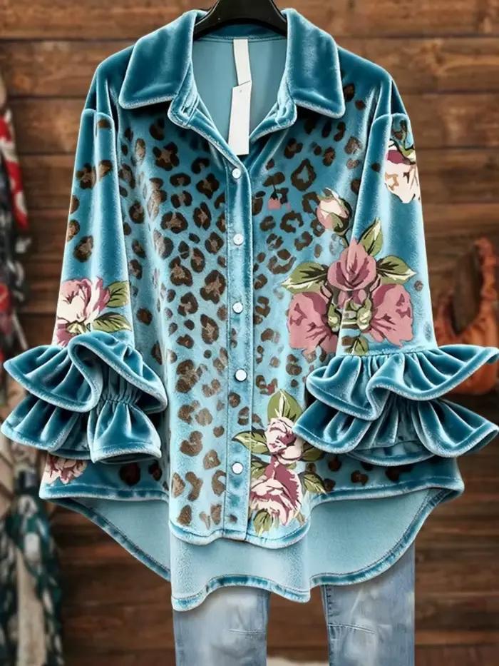 Chemisier Vintage en velours pour femmes, style Boho Chic, manches cloche à volants, haut imprimé Fl