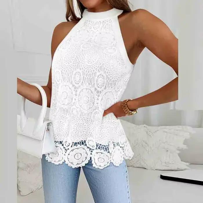 Haut blanc femme Y2K licou cou culture hauts sans manches dentelle T-Shirts pour femmes t-shirt femm