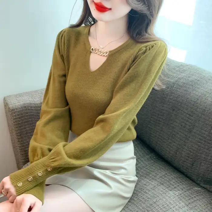 Haut en tricot à manches bouffantes pour femmes, ajouré, détail de chaîne, Sexy, Chic, mode automne