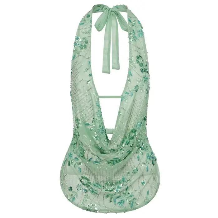 Hauts licou à paillettes pour femmes Y2k, sans manches, dos nu, haut perlé, soirée, sortie, Rave, te
