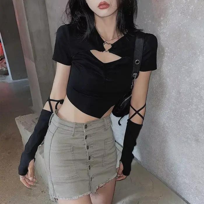 T-shirt à manches courtes pour femmes, haut court au-dessus du nombril, design mince, All-Match, Hig
