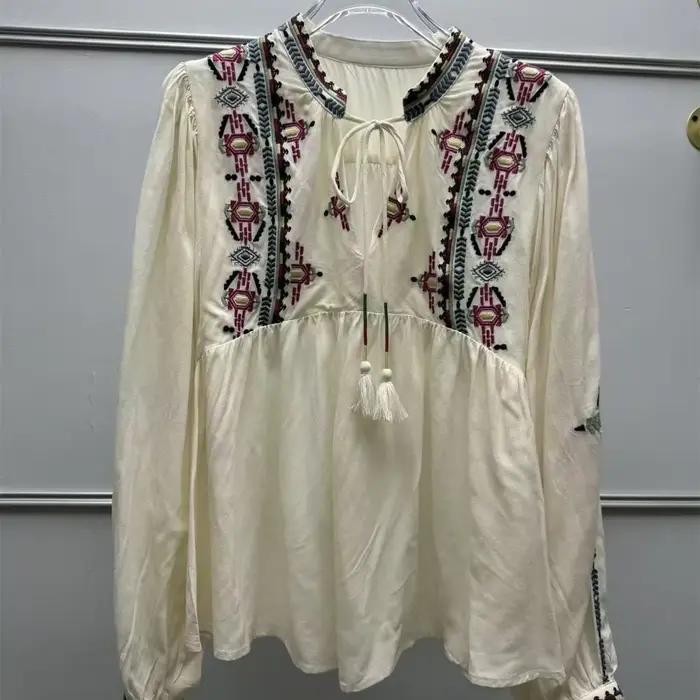 Chemisier brodé ethnique pour femme, col en V, à lacets, manches longues, amincissant, collection Pr