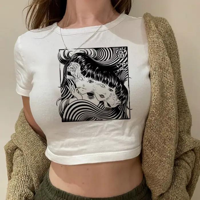 Junji Ito crop top esthétique Streetwear coquette recadrée été corset y2k femme t-shirt