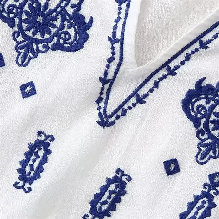 EllYANEllTIAN-Chemise brodée à manches lanterne pour femme, pull de vacances bohème, haut de décorat