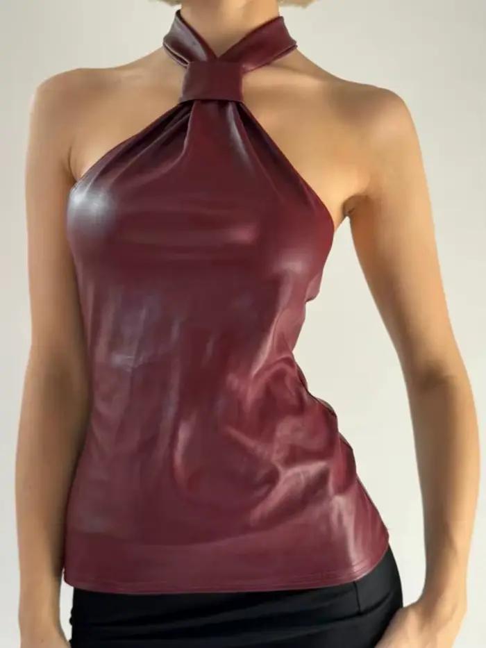 Haut à col licou, dos nu, Sexy, vêtements pour femmes, accessoires Y2k, haut court en PU, Corset, St