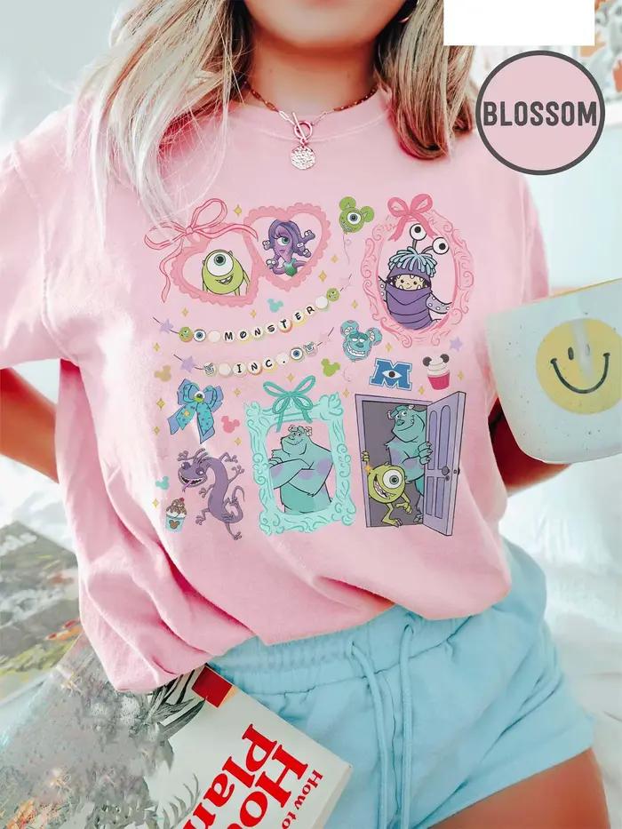 T-shirt Disney Bow Monster Inc pour femmes, en coton, classique, manches courtes, unisexe, streetwea