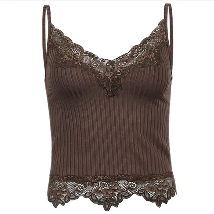 Haut court à col en V pour femmes, bordure en dentelle marron, vêtements esthétiques grunge, vêtemen